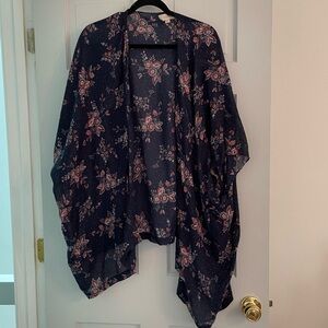 Euc Ann Taylor Loft navy blue and coral floral kimono one size